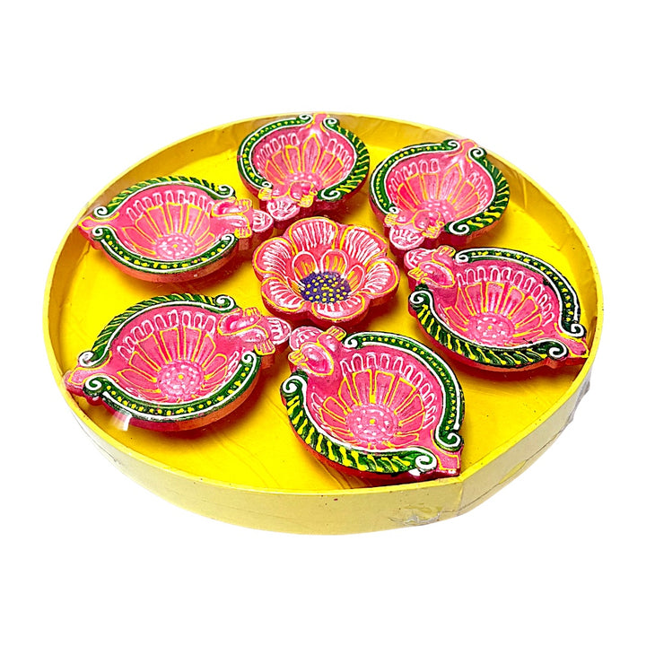 Set of 7 colored clay diyas, on round tray, colors and design may vary