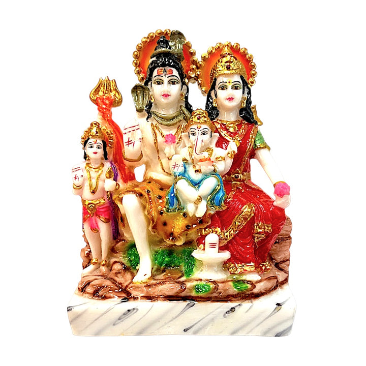 Lord Shiva family, colorful marble dust,  8 inchesShiv Parivar Idol, 8 Inch – Hand-Painted Marble Dust Statue of Shiva, Parvati, Ganesha &amp; Kartikeya