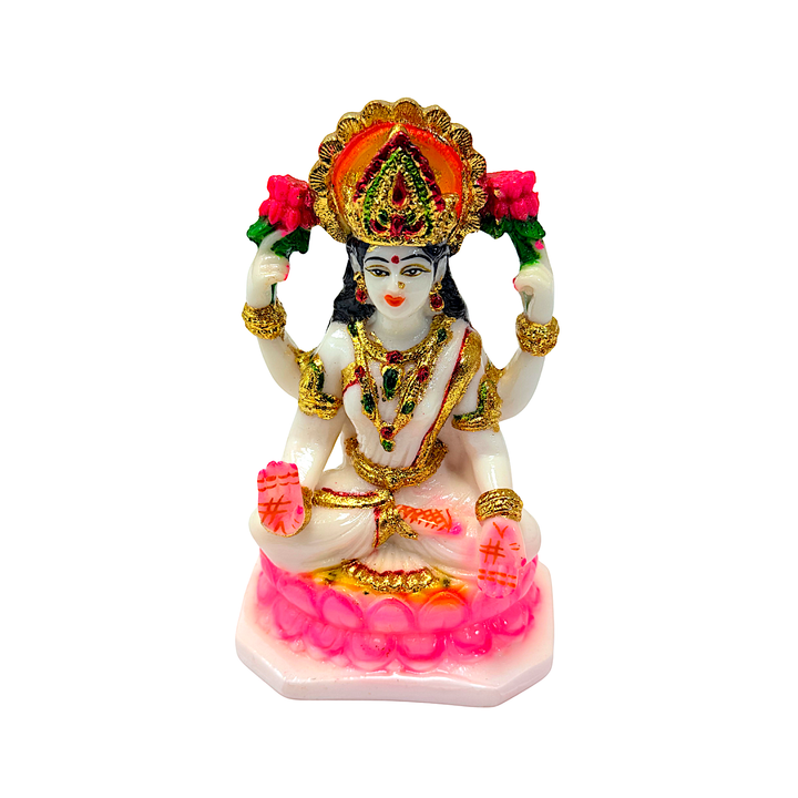 Goddess Laxmi, White and Gold Marble Dust, 6 Inch Idol