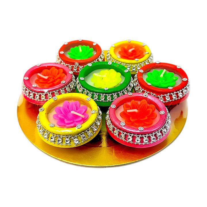 Lotus Flower Wax Clay Diyas with Rhinestone Trim, Set of 7 on Round Gold Tray – Assorted Colors