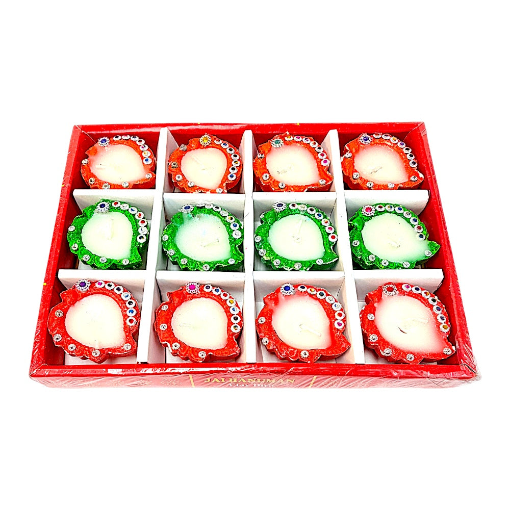 Hand-Painted with Rhinestone Trim, Wax-Filled Clay Diyas, set of 12, Assorted colors