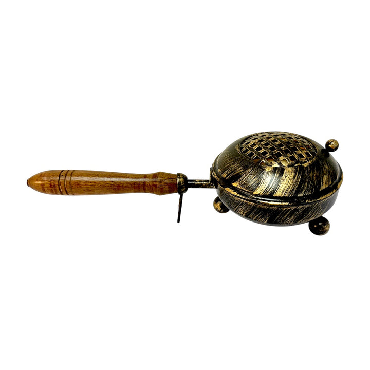 Metallic antique look incense burner with wooden handle - 4.25 Inches