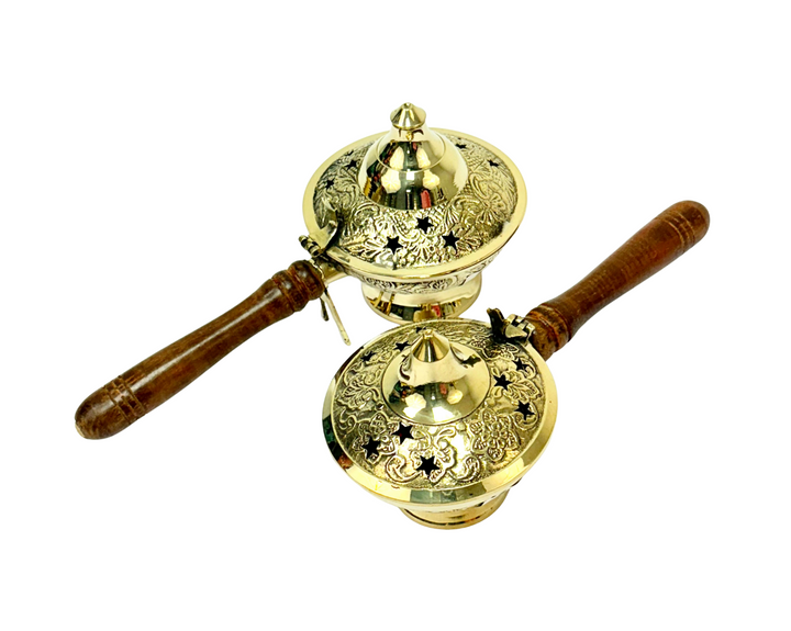 Traditional Brass Charcoal Incense Burner with Wooden Handle