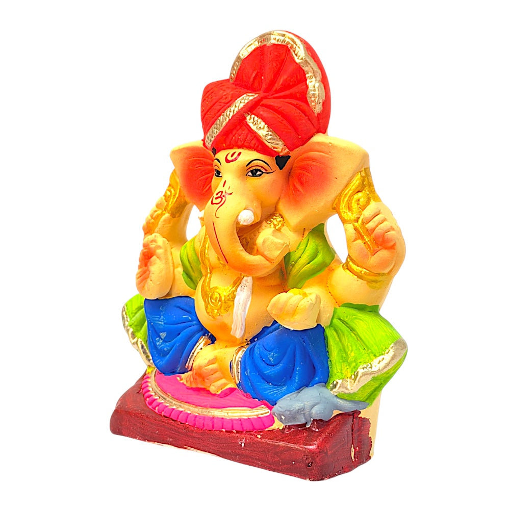 Eco Friendly Ganesha 6" — Clay Ganpati Murti with Turban (Color combinations may vary)