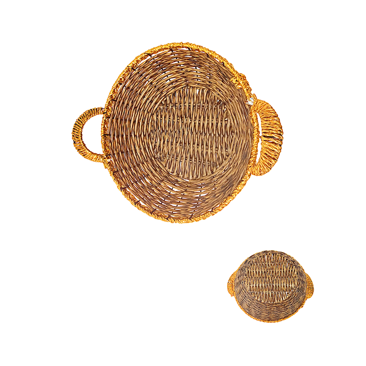 Mkaurs Round Woven Brown with Golden Rim Wicker Basket with Gold Handles - view 2