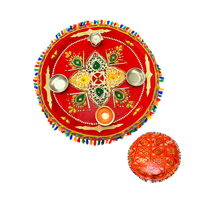 Puja Thali (tray) with Diya Copper Lota and 2 Diyas 12.5 Inch Assorted Designs - view 3