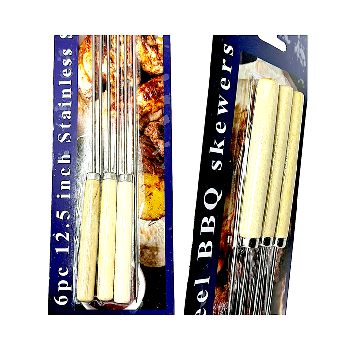 6 pc Stainless Steel BBQ Skewers, 12.5 Inch with Wooden Handle - view 2
