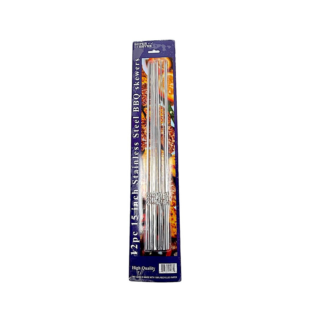 12 pc Stainless Steel BBQ Skewers, 15 Inch