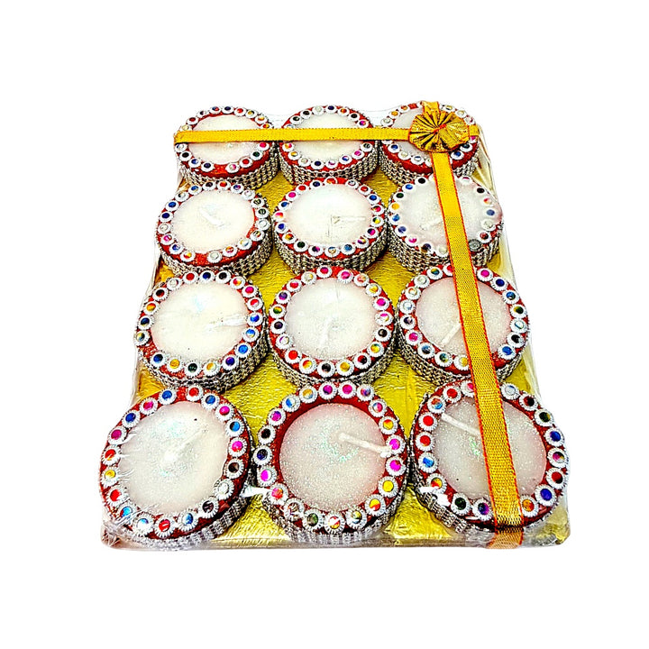 Rhinestone Clay Tealight Diyas with Wax, Set of 12 – Red with Silver Mesh Trim, Gold Base