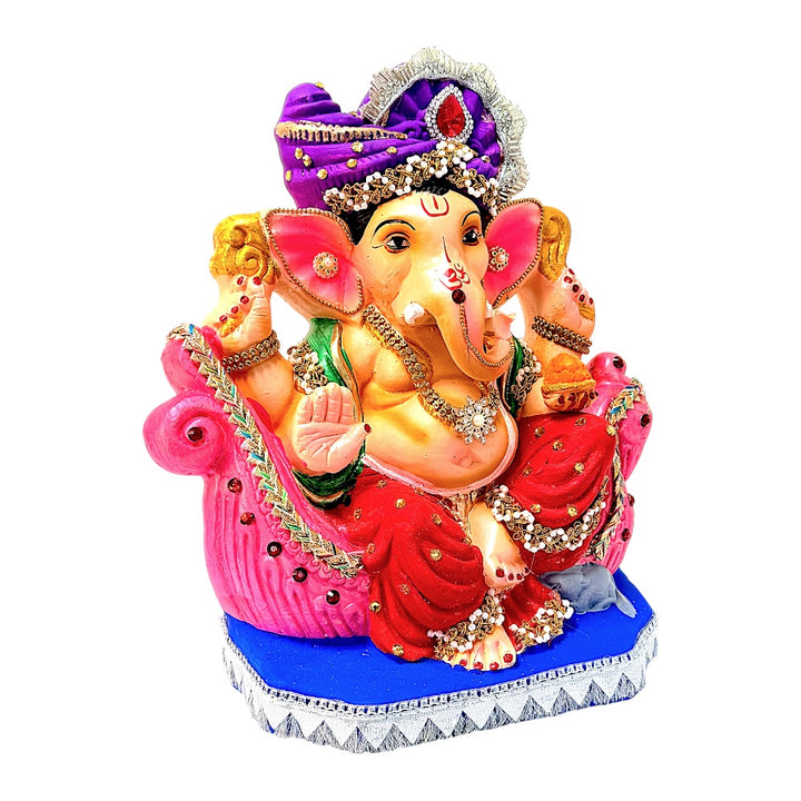Eco-Friendly Clay Ganesha, color and gold with turban on throne 10"