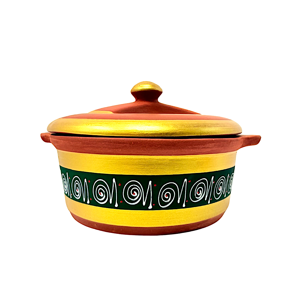 Clay Haandi (pot) for Cooking 3.5 Liter with Painted Sides (Color and Design may vary)