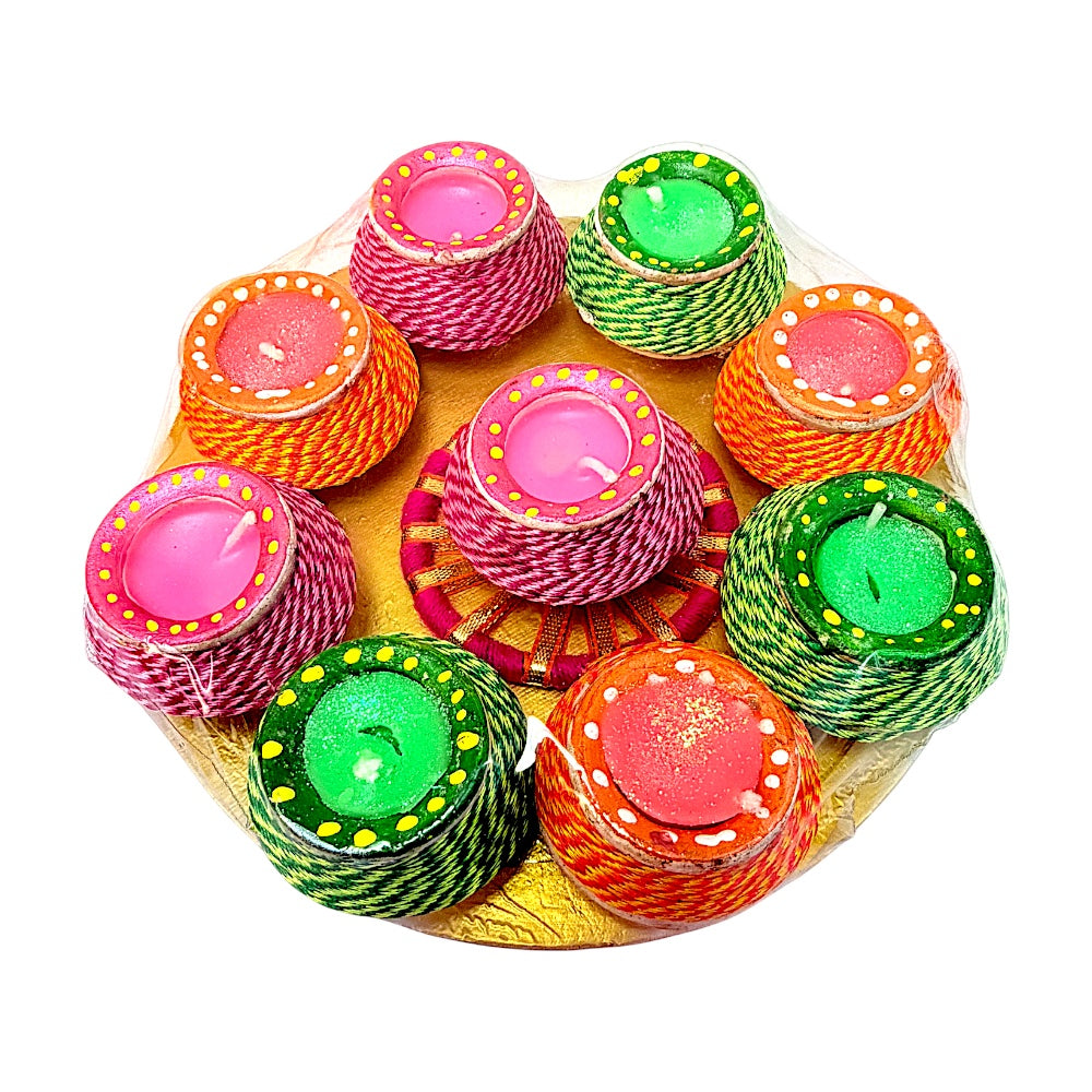 Thread-Wrapped Clay Matki Diyas with Colored Wax, Set of 9 on Round Gold Tray – Assorted Colors