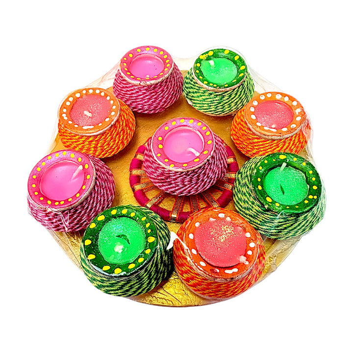 Thread-Wrapped Clay Matki Diyas with Colored Wax, Set of 9 on Round Gold Tray – Assorted Colors