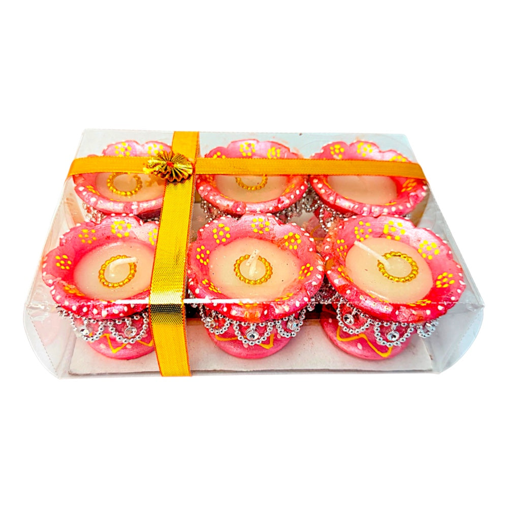 Diya with stand hand painted with decorations and wax, 6 pack