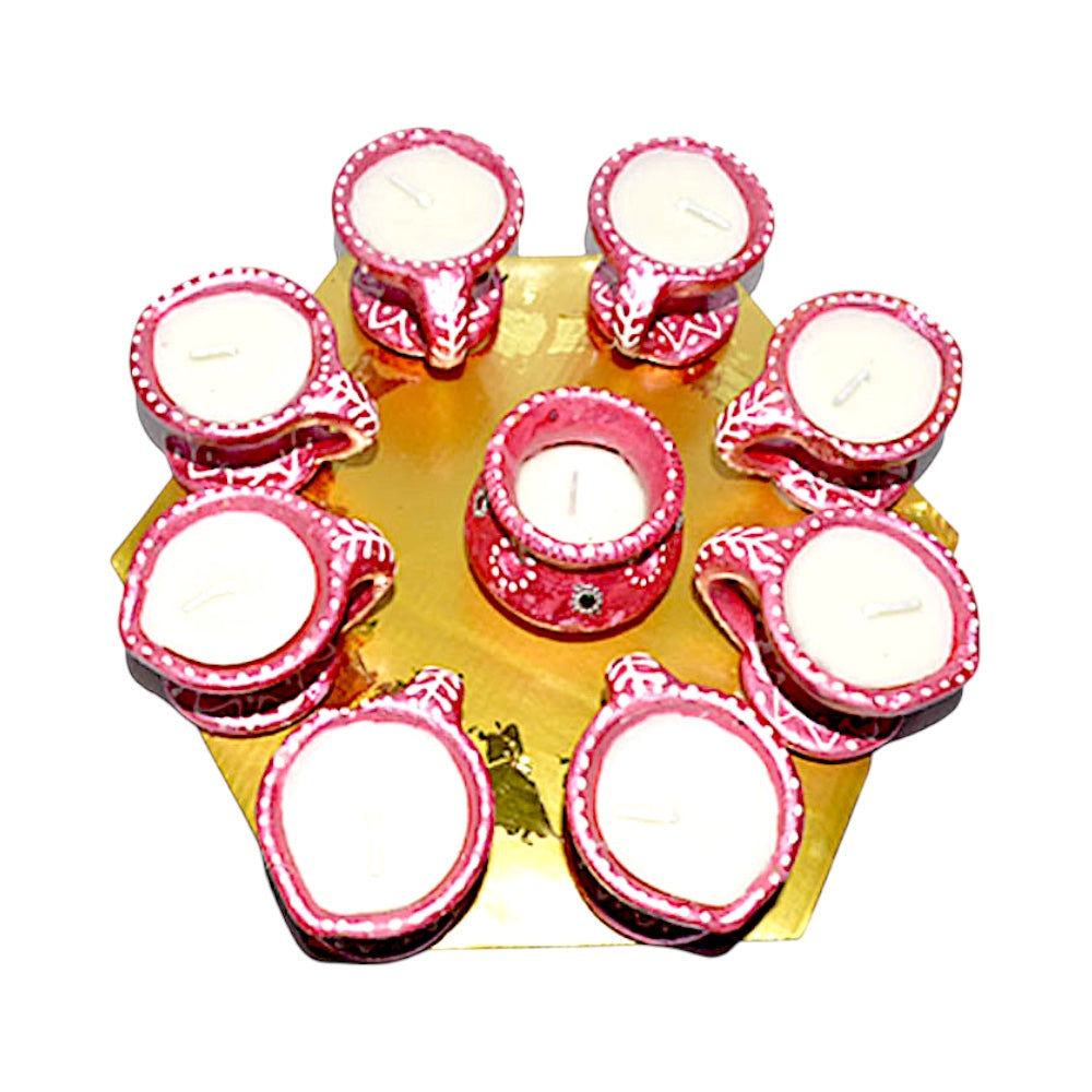 Hand-Painted Clay Diya Set with Center Matki, 9 Pieces on Hexagon Gold Tray – Wax Filled, Assorted Colors