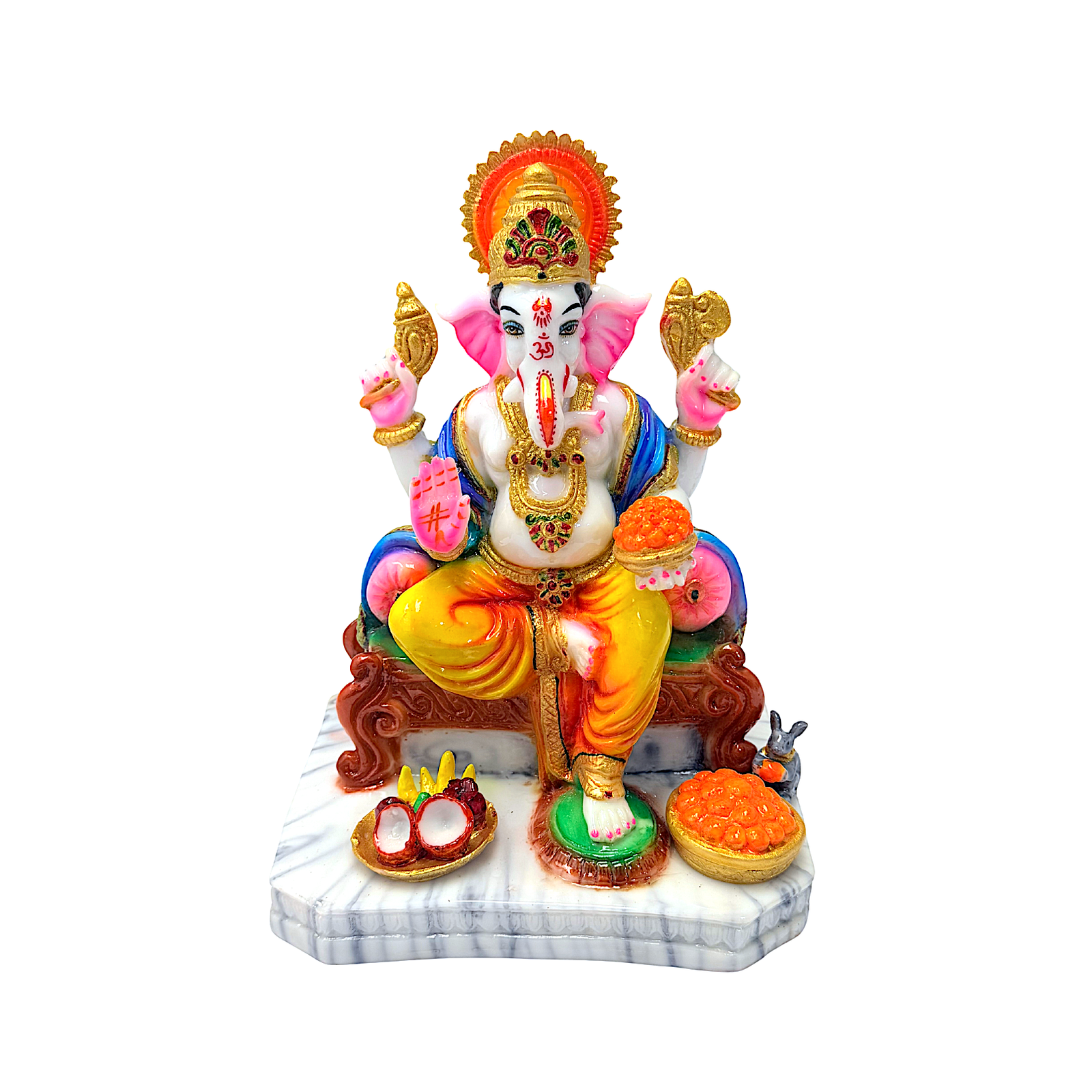Lord Ganesha Statue, Colorful Marble Dust, on Throne, 10 Inch