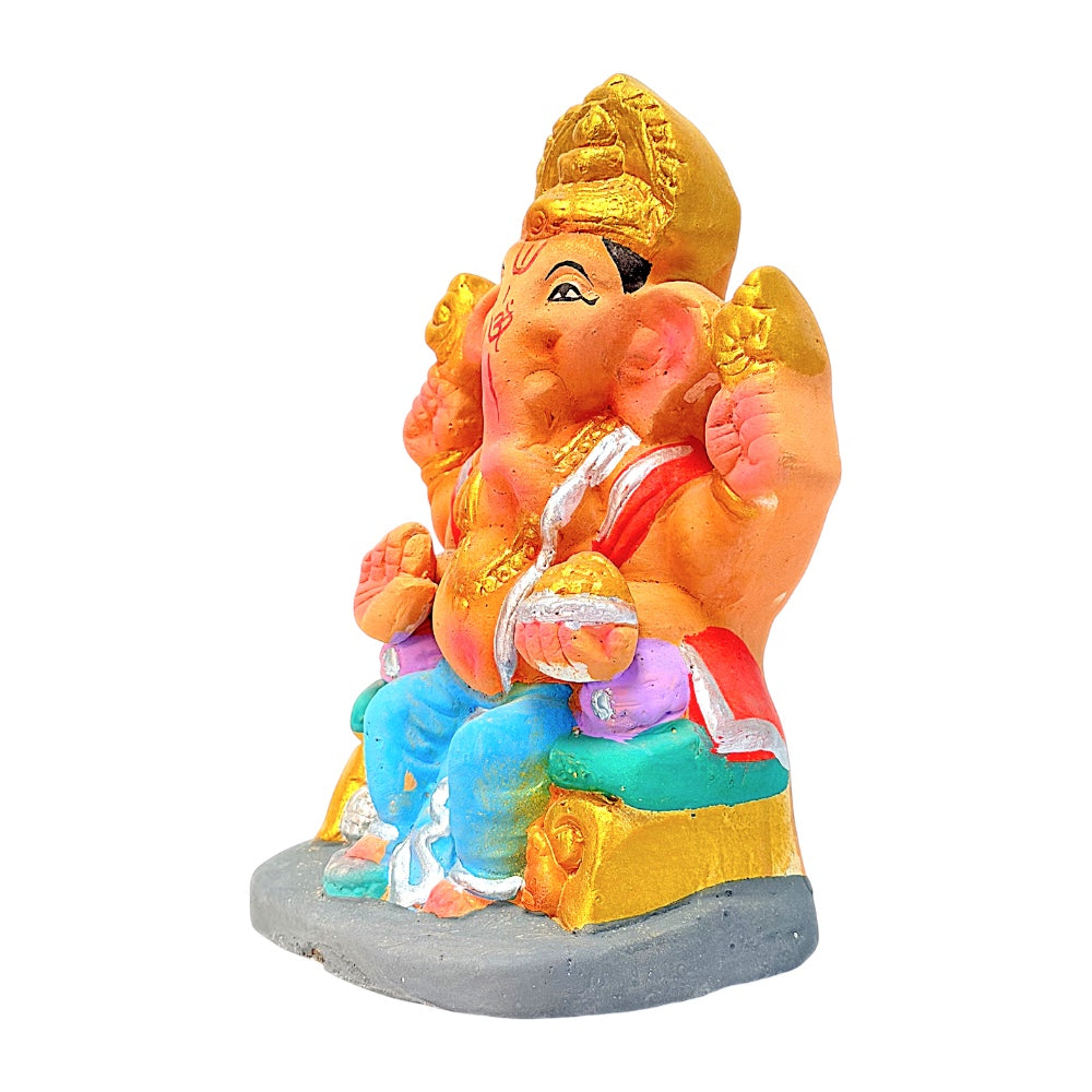 Eco Friendly Ganesha 6" — Clay Ganpati Murti Seated on Cushion Throne (Color combinations may vary)