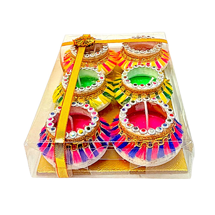Tassel-Fringe Clay Matki Diyas with Colored Wax, Set of 6 – Rhinestone &amp; Gota Trim, Assorted Colors