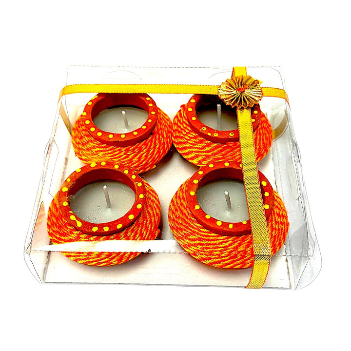 Thread-Wrapped Clay Matki Diyas with Wax, Set of 4 – Assorted Colors, Gift Boxed