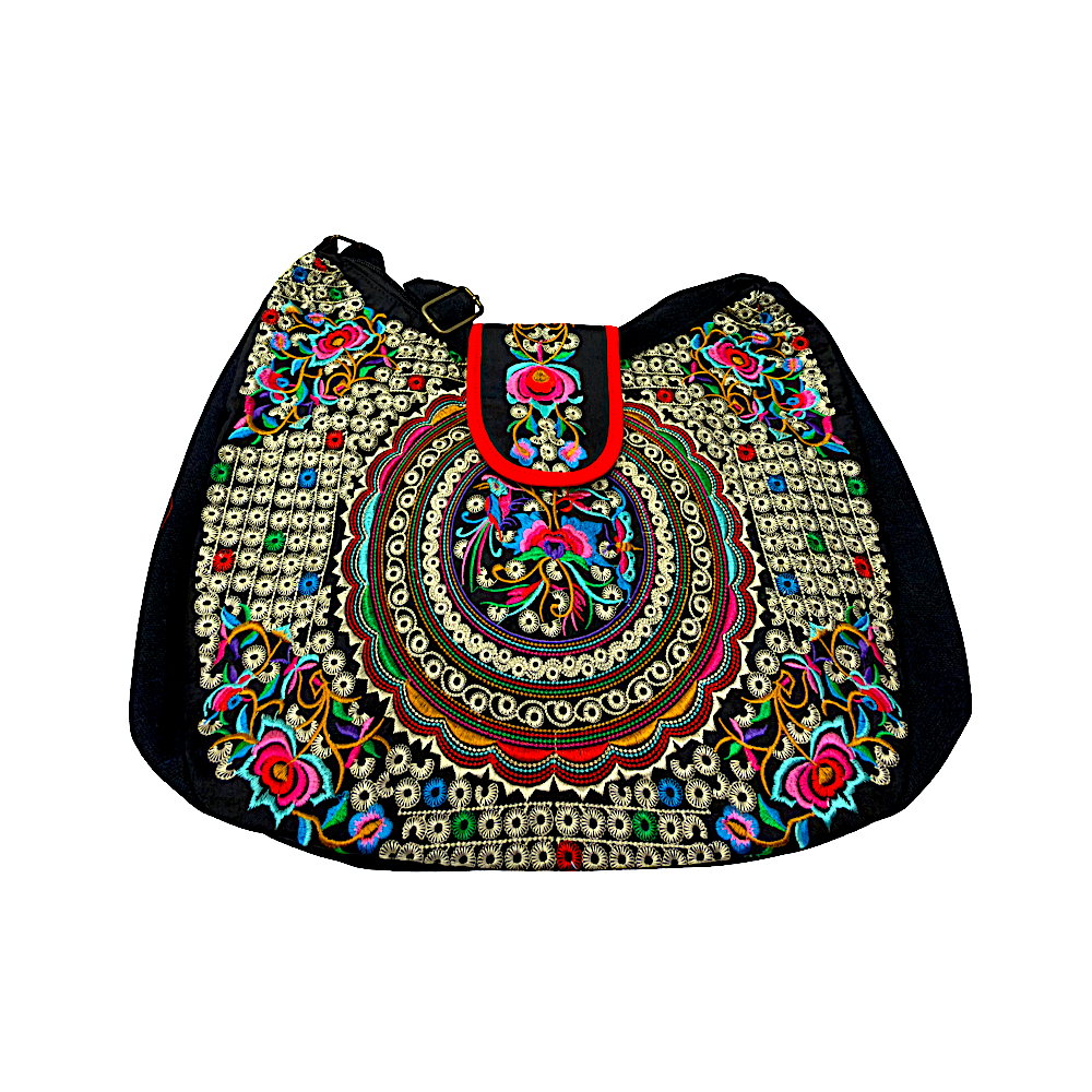 Embroidered, Handicraft Shoulder Bag with a Zipper Pocket and Snap Button