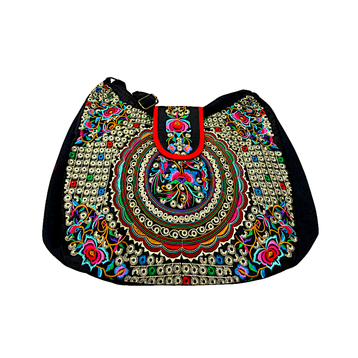 Embroidered, Handicraft Shoulder Bag with a Zipper Pocket and Snap Button