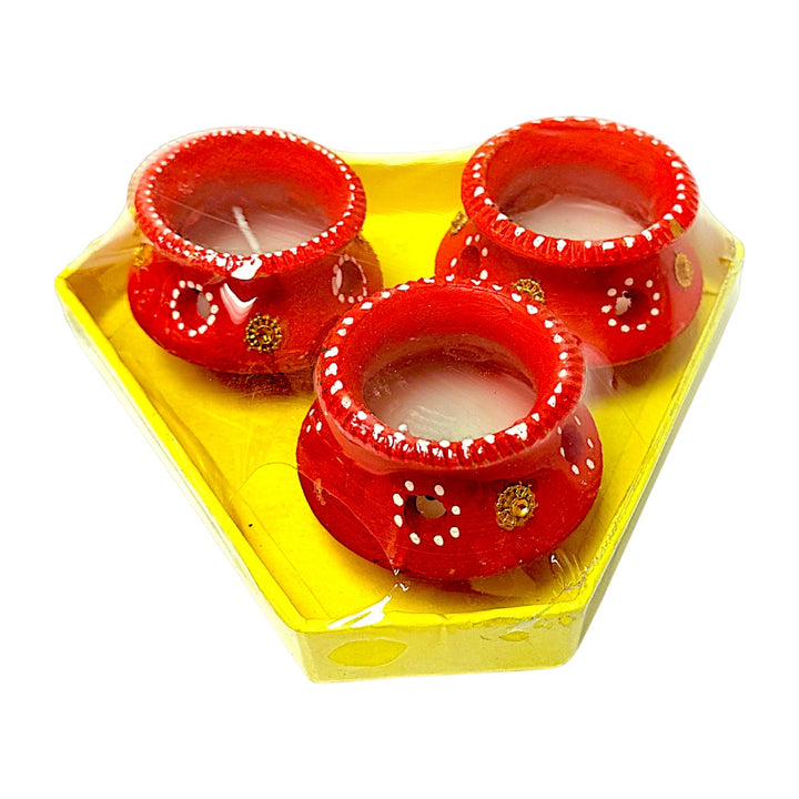 Set of 3 large Matki Diyas with  wax, assorted colors