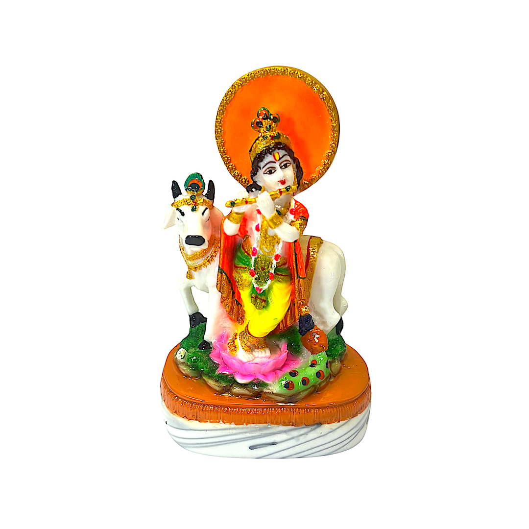 Lord Krishna with Flute and Cow, Colorful Marble Dust, 7 Inch Idol - view 3