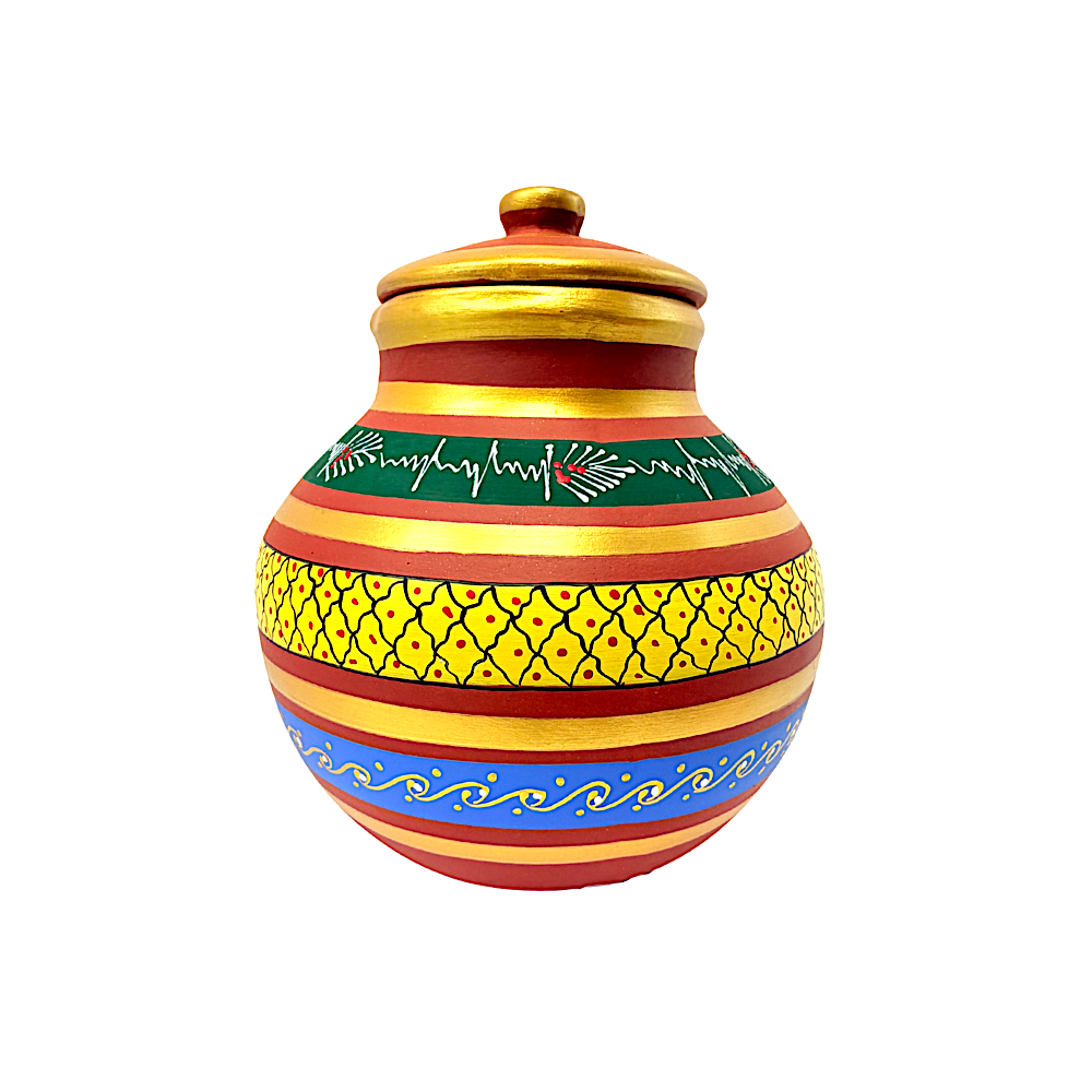 Clay Matka with Lid, Hand Painted, 8L Clay Matka (Water tank) with Lid, Hand Painted,(Color and design may vary)