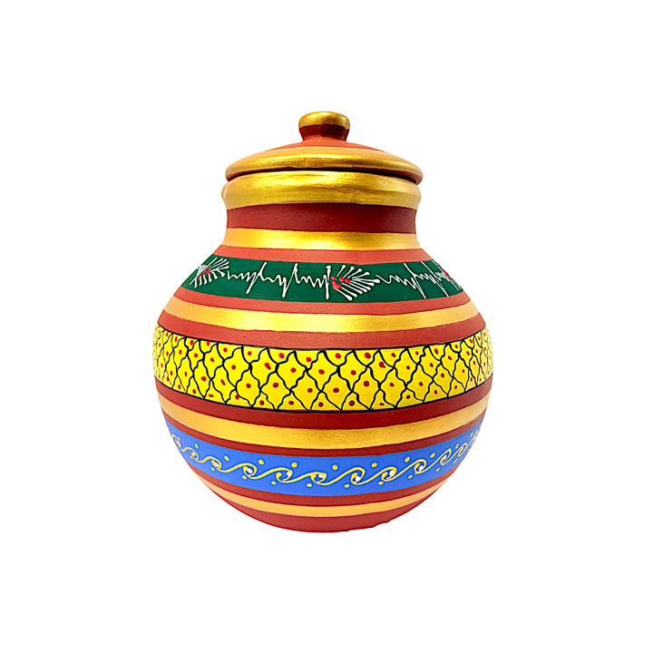 Clay Matka with Lid, Hand Painted, 8L Clay Matka (Water tank) with Lid, Hand Painted,(Color and design may vary)
