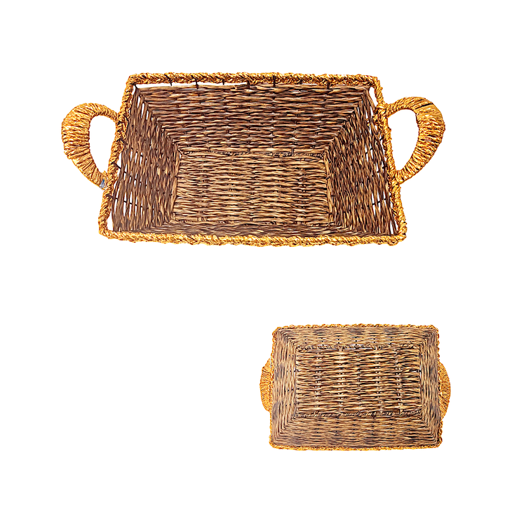 Mkaurs Rectangle Woven Brown with Golden Rim Wicker Basket with Gold Handles - view 2