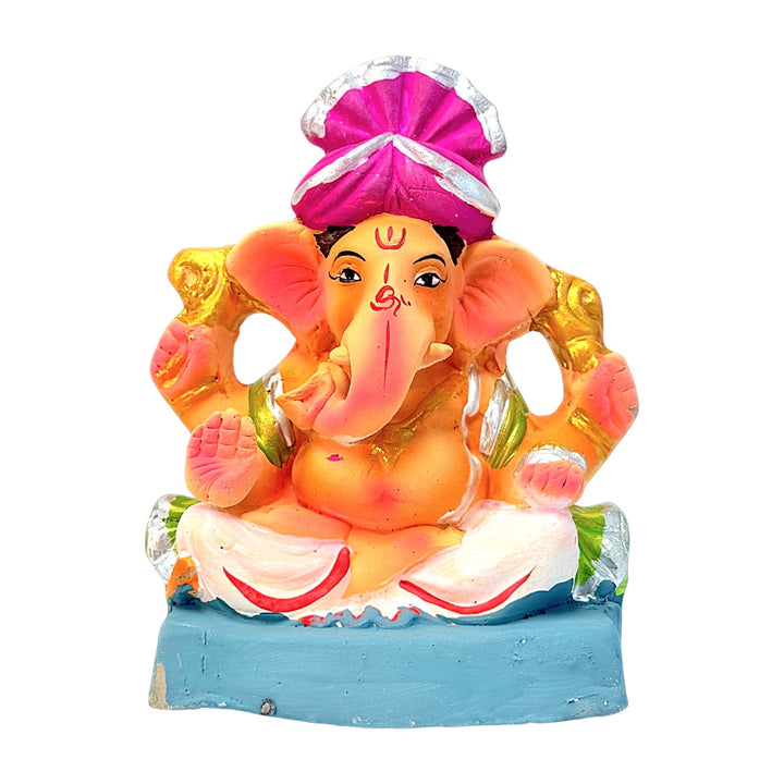 Eco Friendly Ganesha 6" — Clay Ganpati Murti with Peshwai Pagdi (colors may vary)