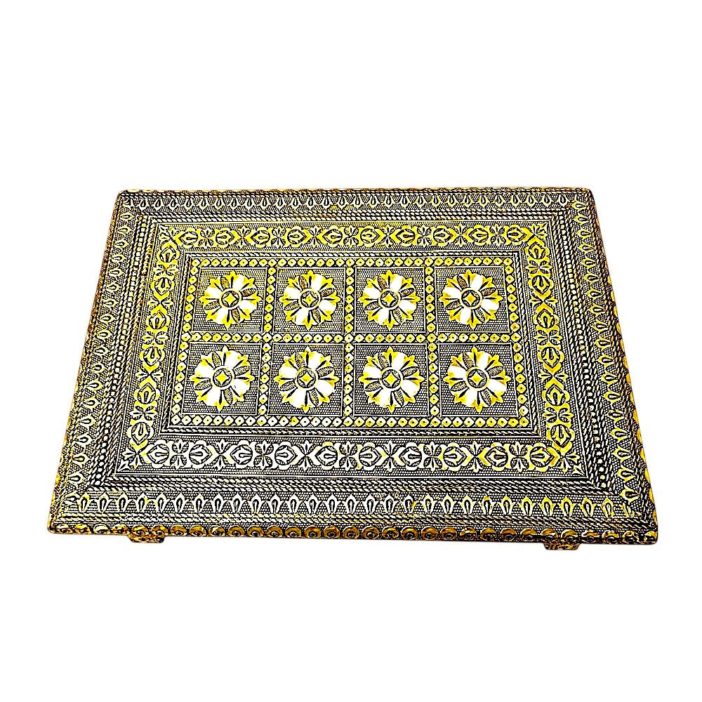 Gold Finish Metal Bajat / Puja Chowki, 8 Inch x 12 Inch