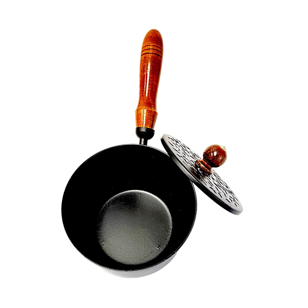 Tree of Life Iron Cauldron with Pierced Lid &amp; Wooden Handle | 4 Inch