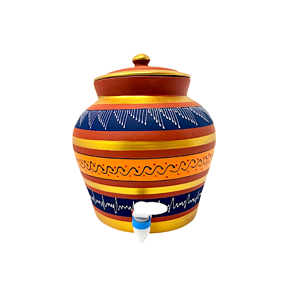Clay Matka (Water tank) with Lid, Hand Painted with Tap, 8L (Color and Design may vary)