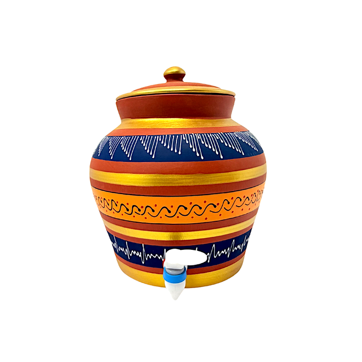 Clay Matka (Water tank) with Lid, Hand Painted with Tap, 8L (Color and Design may vary)