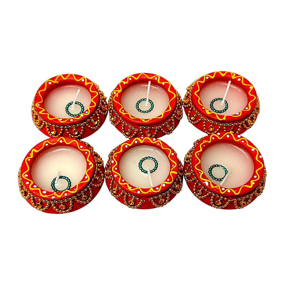 Clay diyas with wax - Set of 6, assorted colors