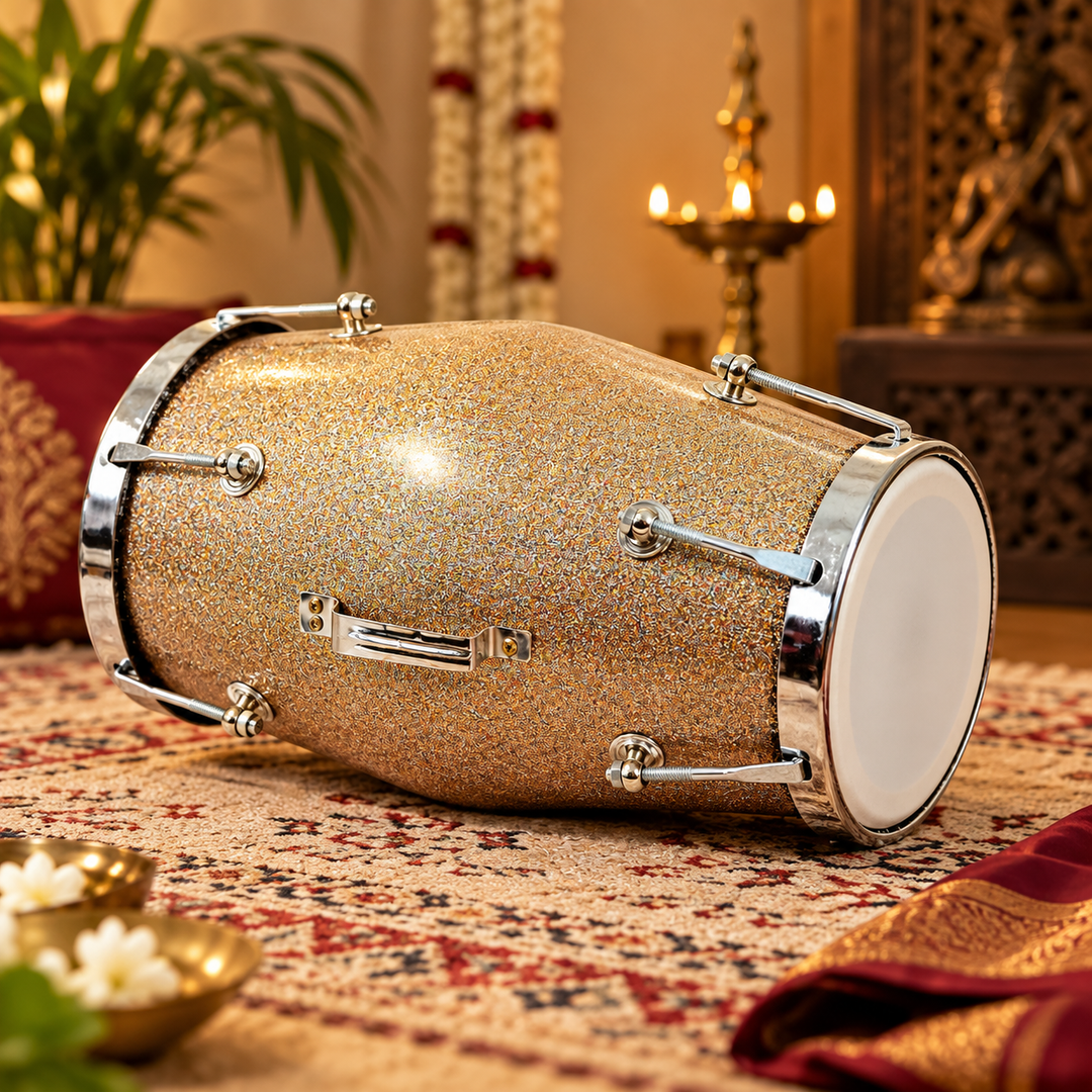 Fiberglass Dholak Drum – Traditional Indian Hand Drum with Glitter Finish