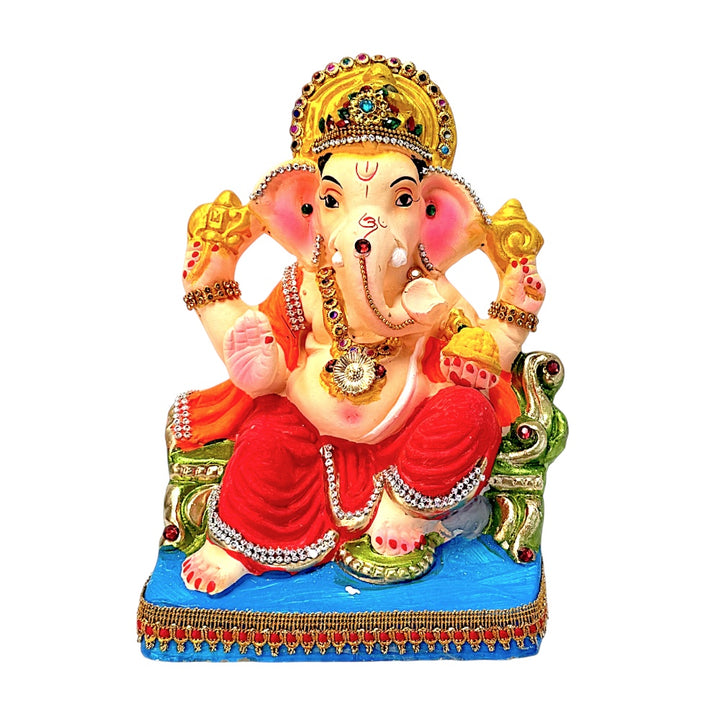 Eco Friendly Ganesha 8" — Premium Clay Ganpati Murti with Jeweled Crown &amp; Stonework | Handmade