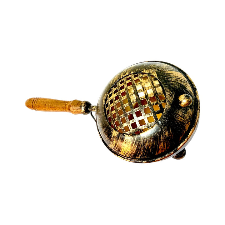 Metallic antique look incense burner with wooden handle - 4.25 Inches
