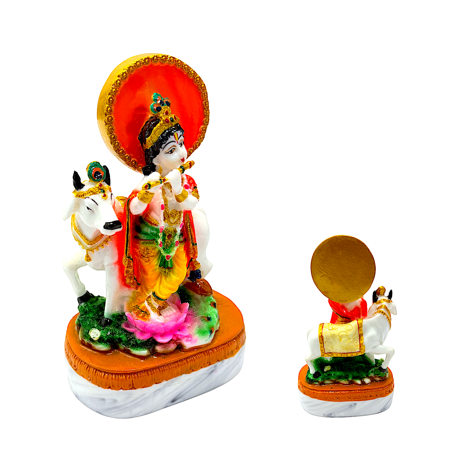 Lord Krishna with Flute and Cow, Colorful Marble Dust, 7 Inch Idol - view 2