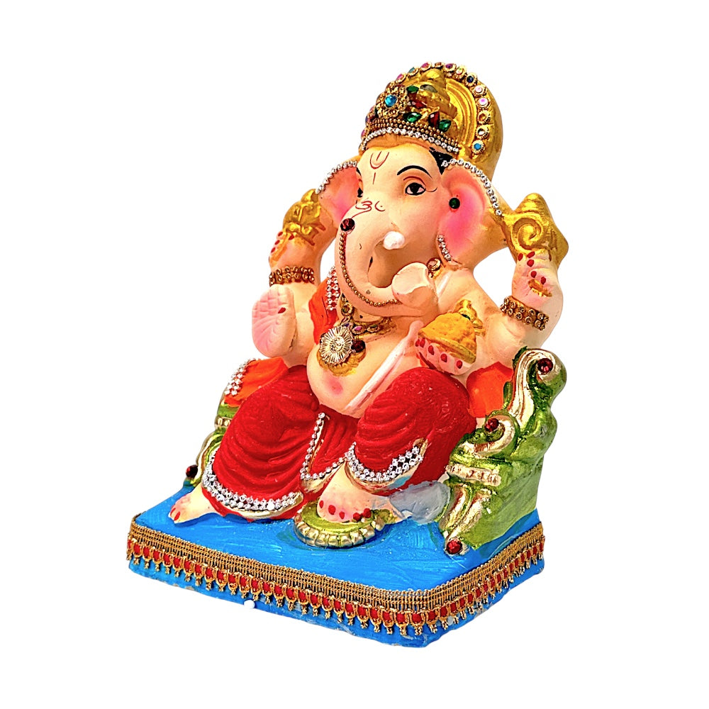 Eco Friendly Ganesha 8" — Premium Clay Ganpati Murti with Jeweled Crown &amp; Stonework | Handmade