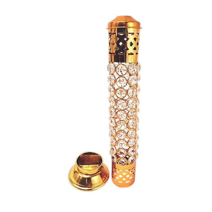 Crystal Tower Incense Holder — 13" Gold Agarbatti Stand with Built-In Ash Catcher