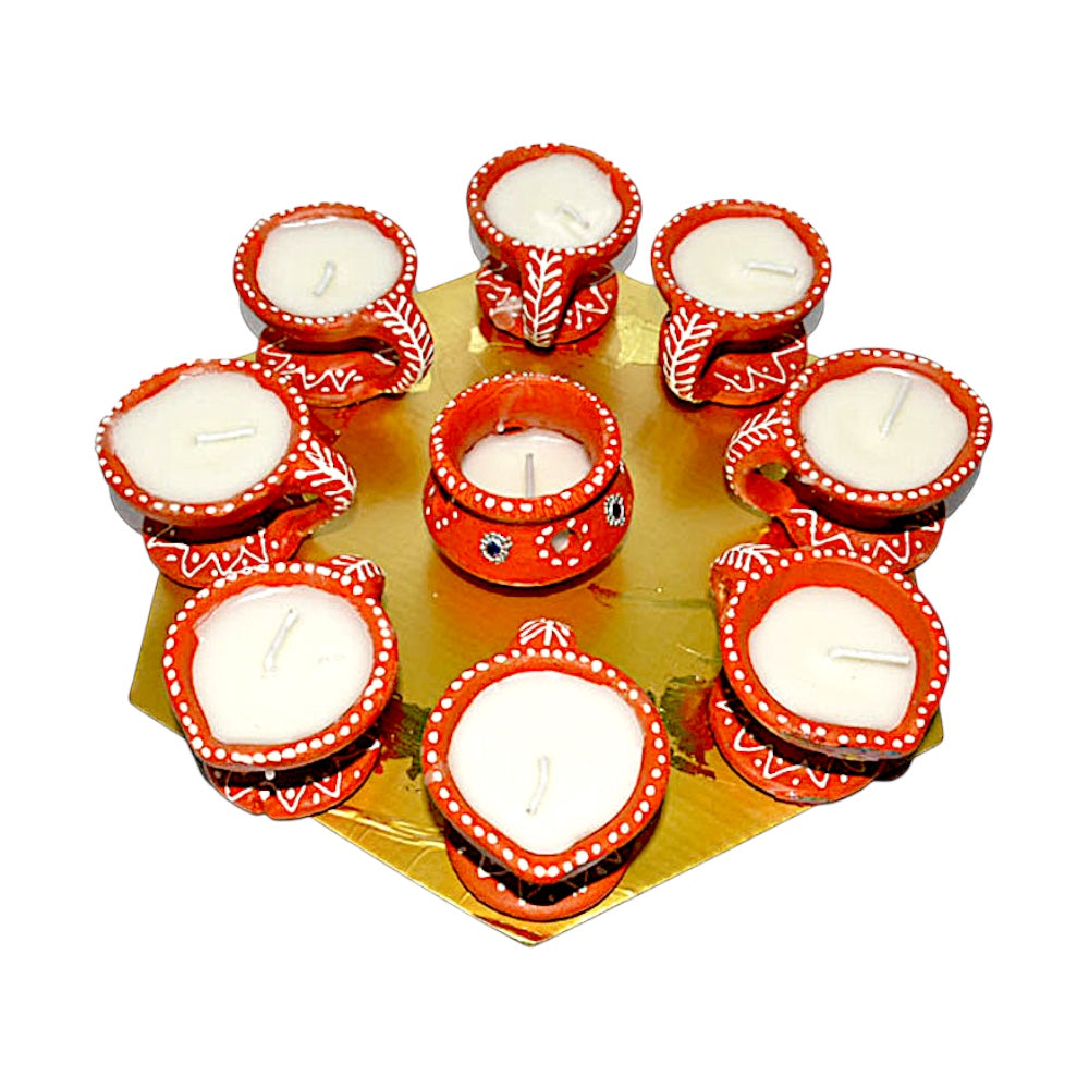Hand-Painted Clay Diya Set with Center Matki, 9 Pieces on Hexagon Gold Tray – Wax Filled, Assorted Colors