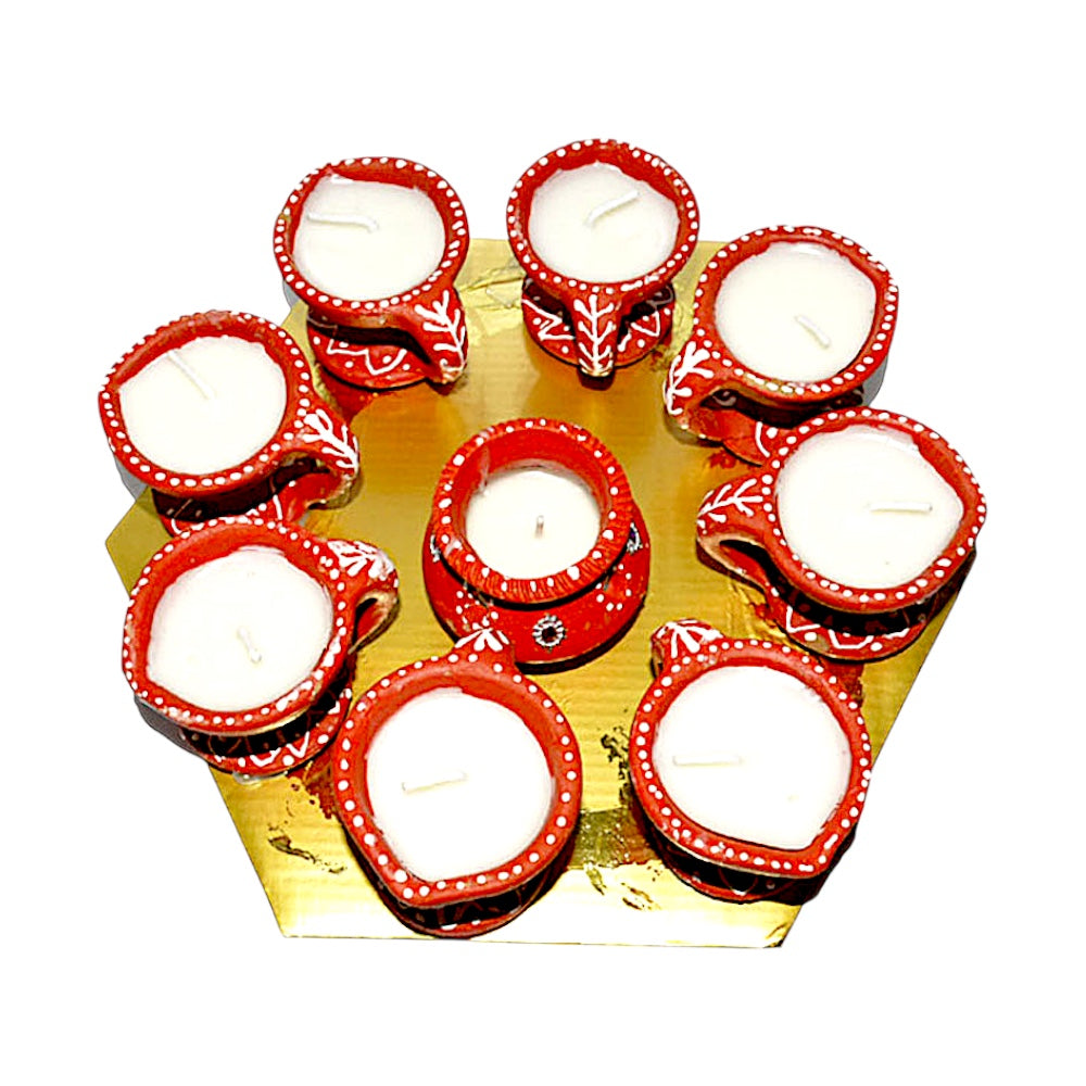 Hand-Painted Clay Diya Set with Center Matki, 9 Pieces on Hexagon Gold Tray – Wax Filled, Assorted Colors