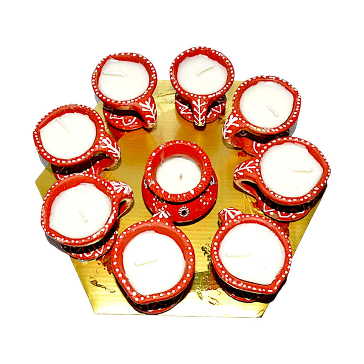 Hand-Painted Clay Diya Set with Center Matki, 9 Pieces on Hexagon Gold Tray – Wax Filled, Assorted Colors