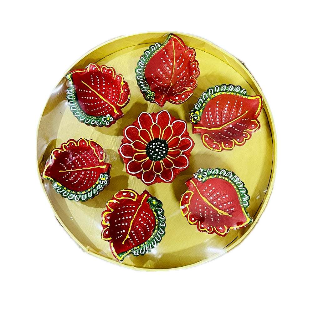 Set of 7 colored clay diyas, on round tray, colors and design may vary