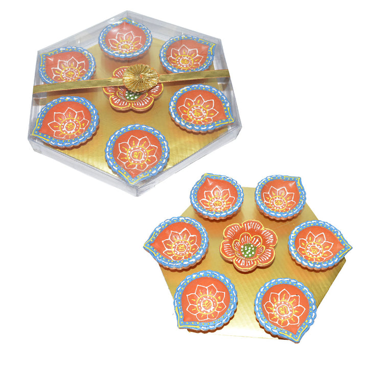 Hexagon gift pack diya set of 7,  colors and design may vary