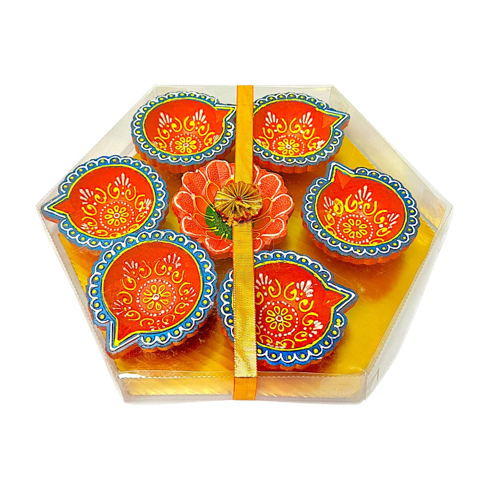 Hexagon gift pack diya set of 7,  colors and design may vary