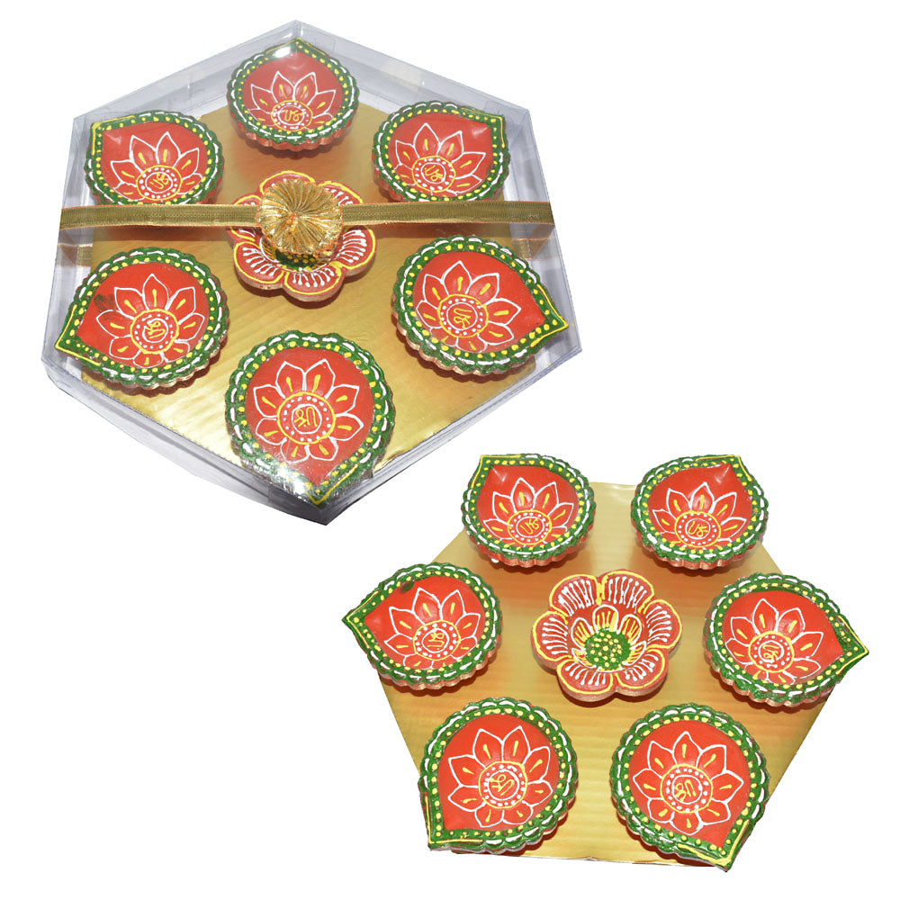 Hexagon gift pack diya set of 7,  colors and design may vary