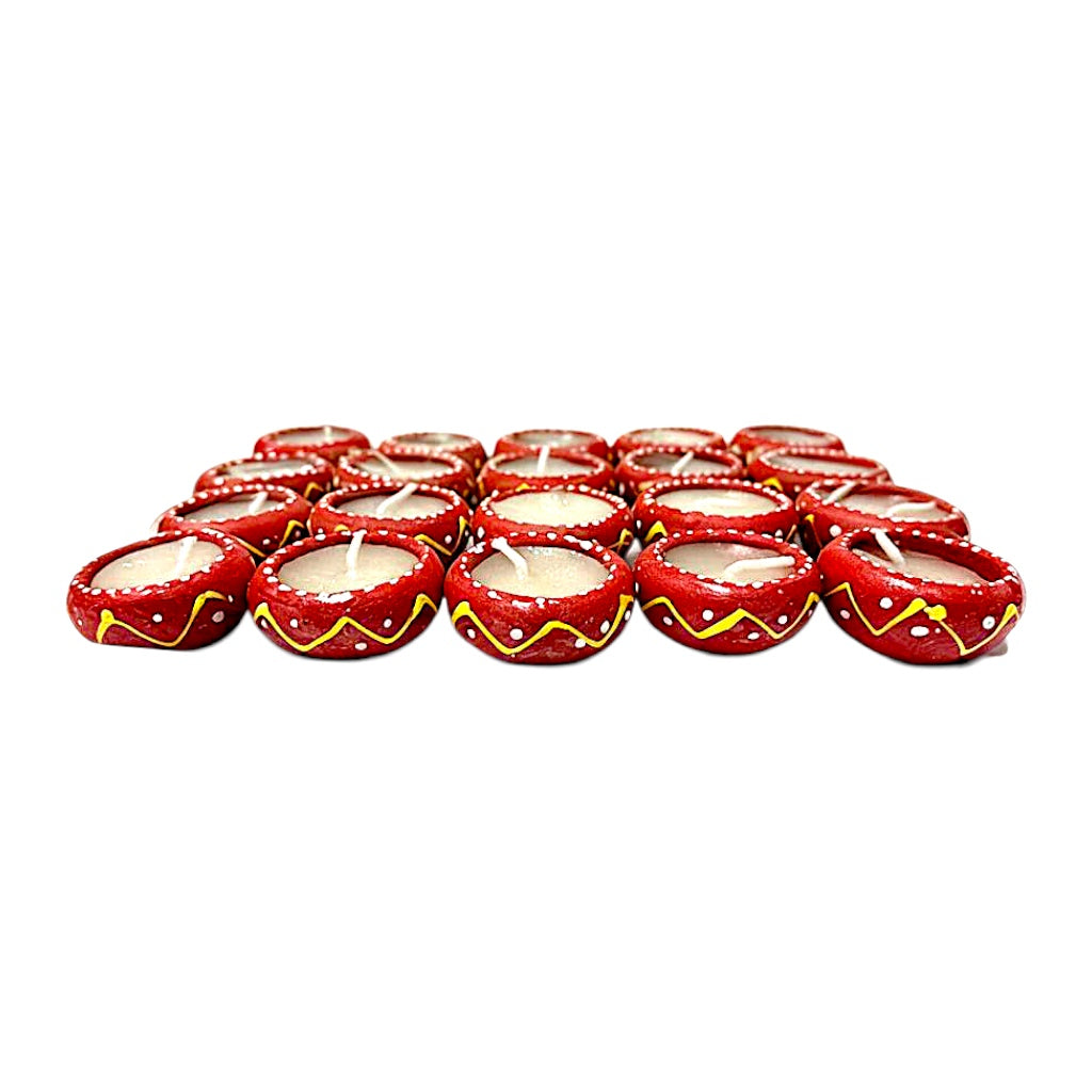 Hand-Painted Clay Diyas with Glitter Wax, Pack of 20 – Red with White Dots &amp; Yellow Zigzag